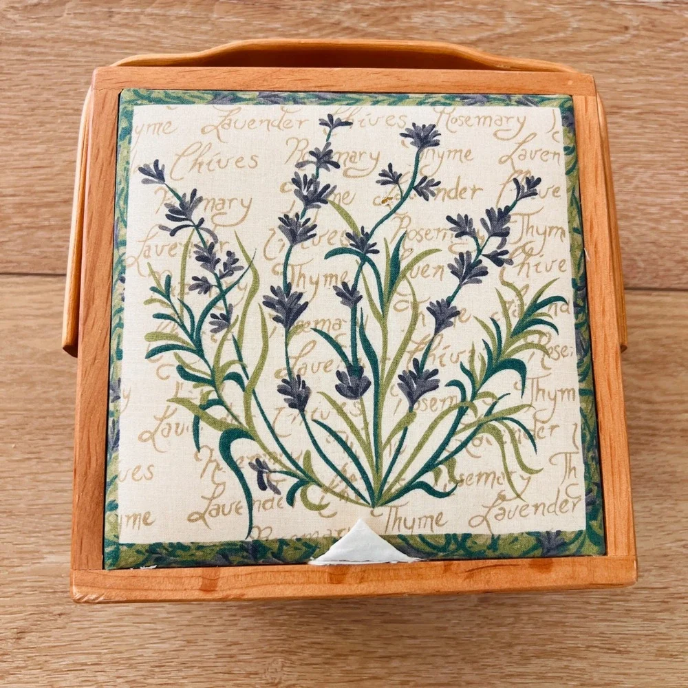 Vintage Woven Wicker Sewing Basket Lavender Thyme Botanical Print Wood Trim Box